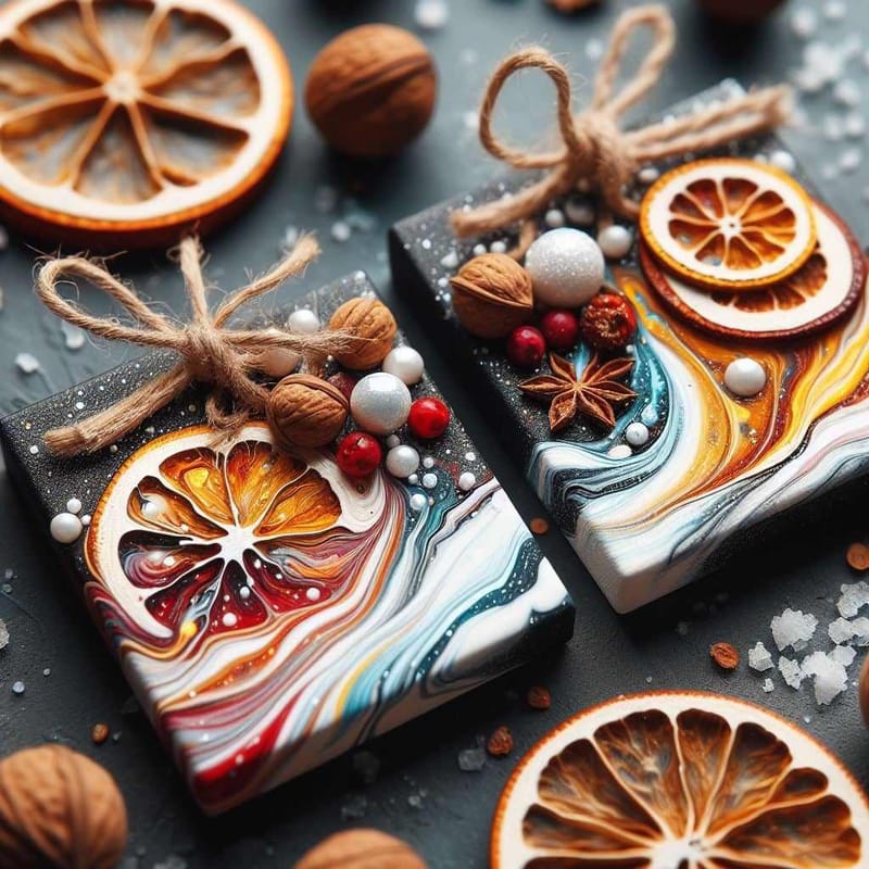 Елочные игрушки в стиле FLUID ART с декором из сухоцветов