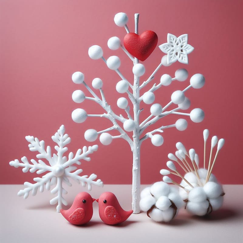 День Св. Валентина. Зимнее дерево с сердечком и парой птичек