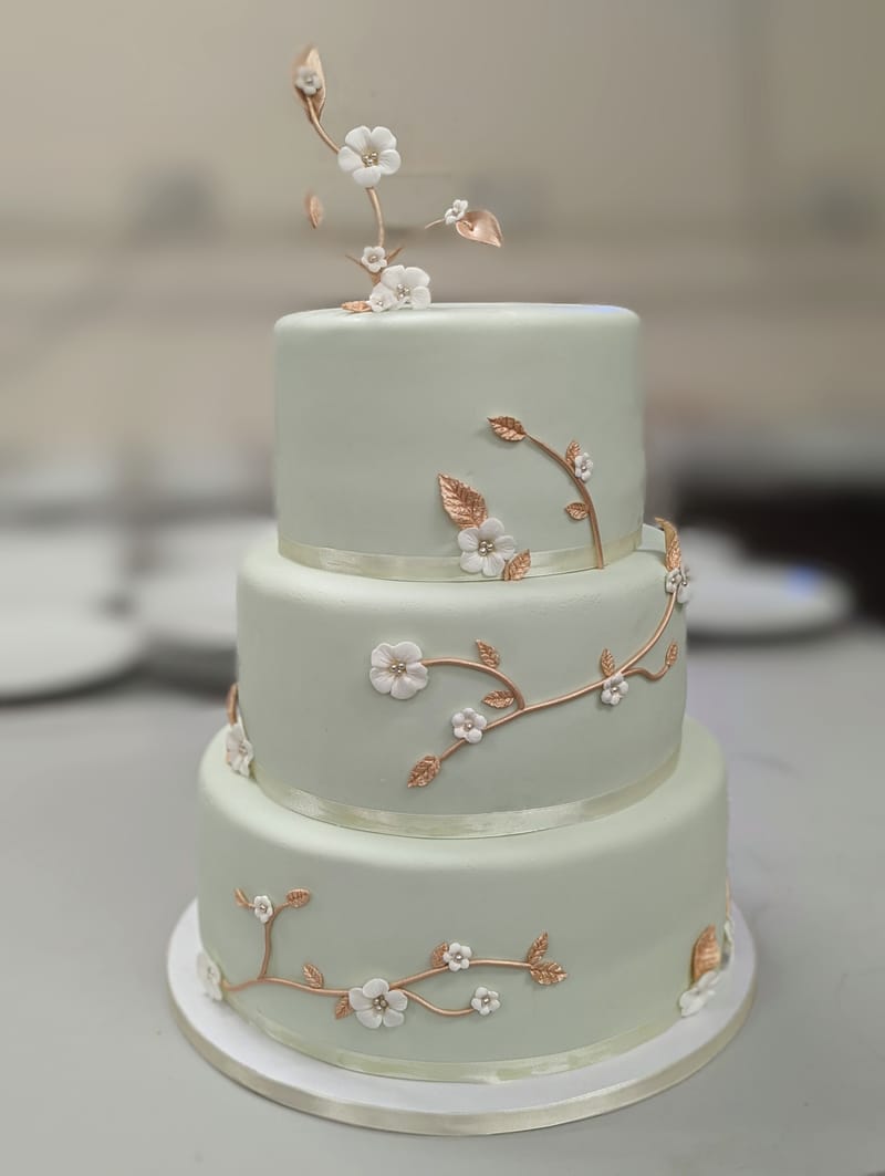 Sage and Rose Gold Blossom Wedding Cake