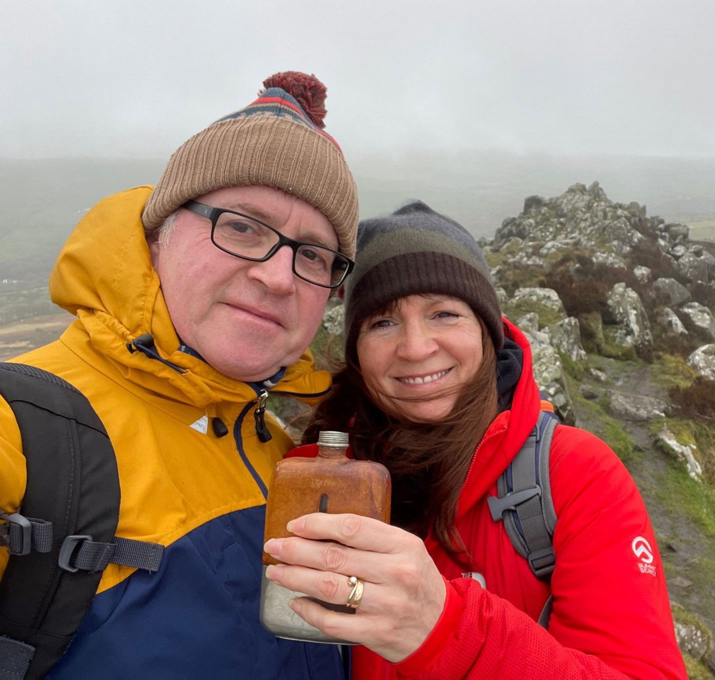 At the top of Mynydd Carningli (Angels Rock) Toasting Conor