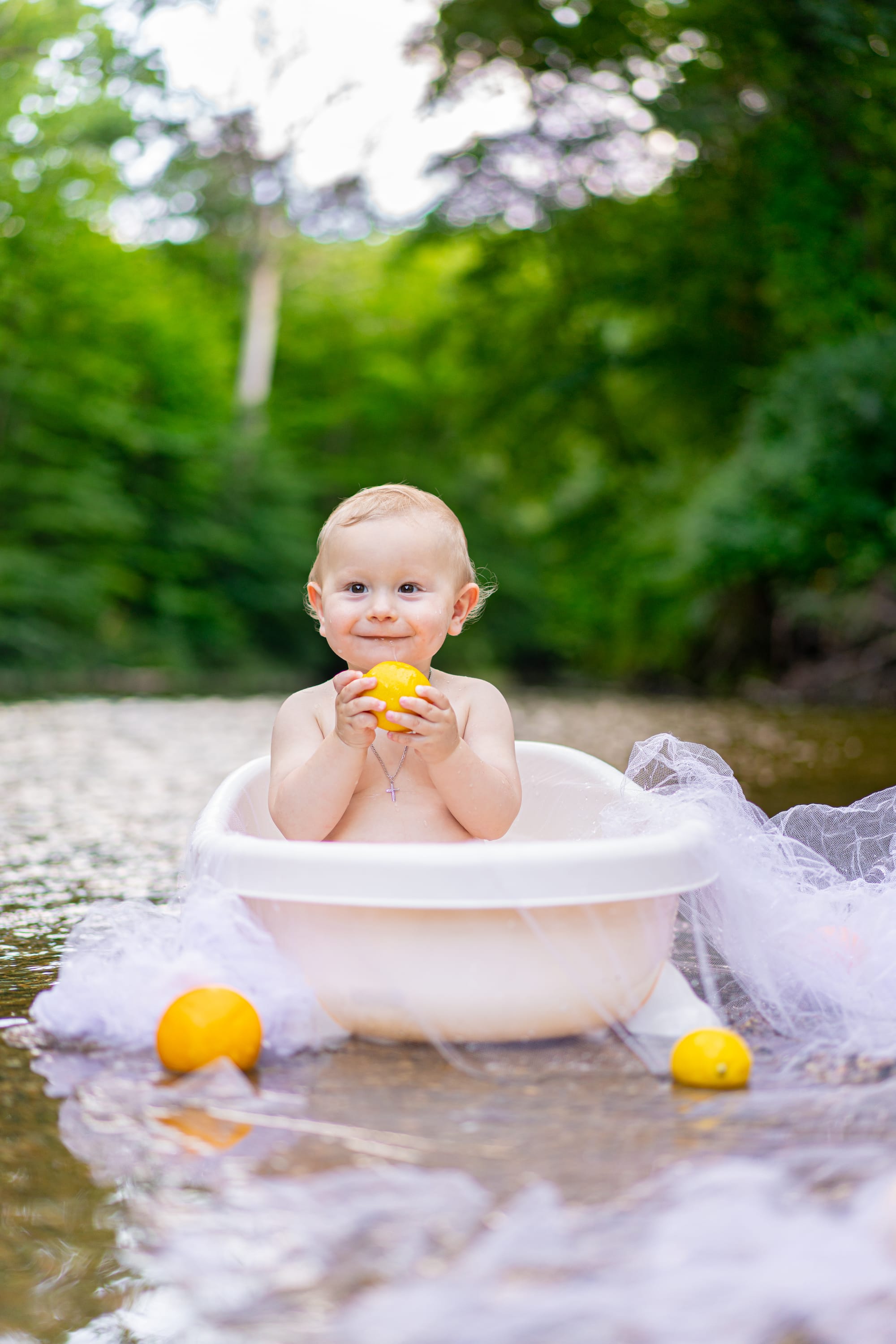 Photo shoots in a bath near the river