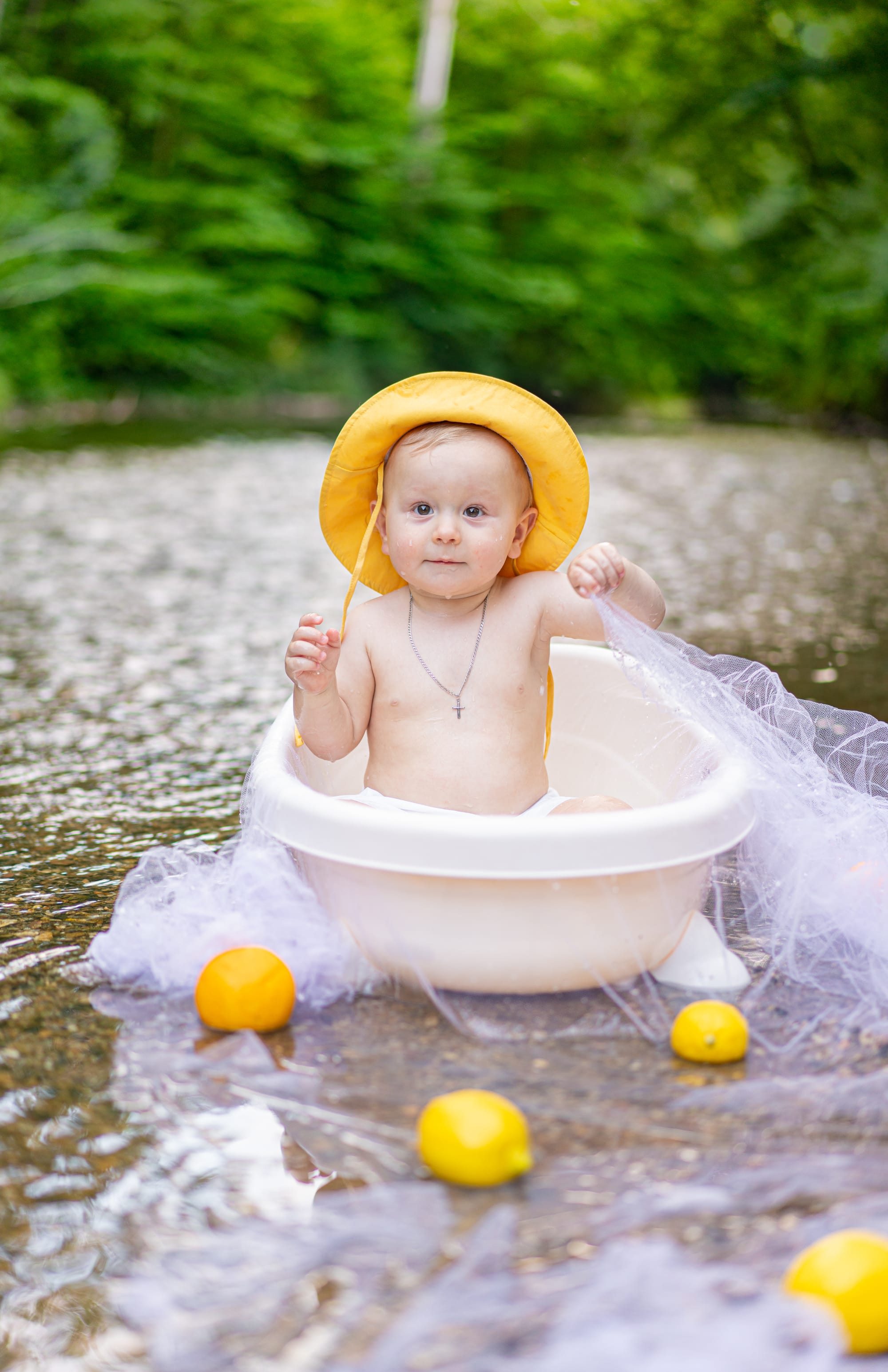 Photo shoots in a bath near the river