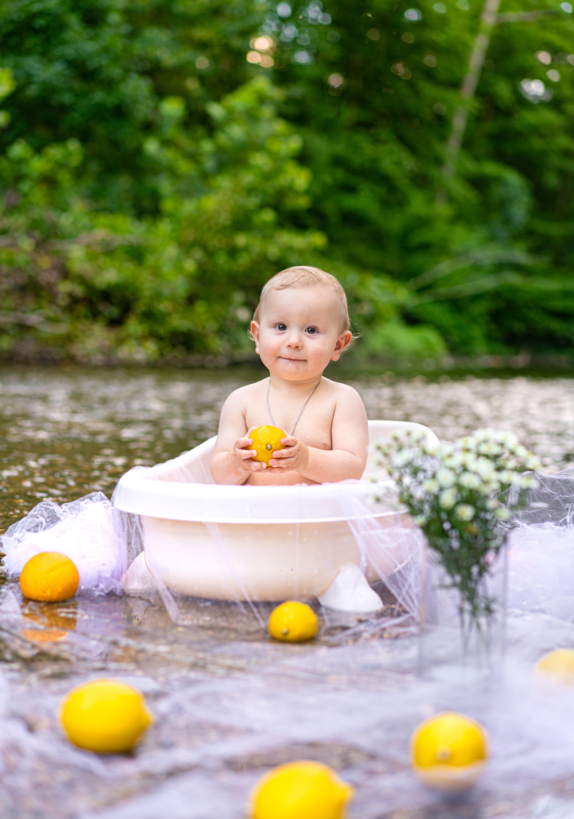 Photo shoots in a bath near the river