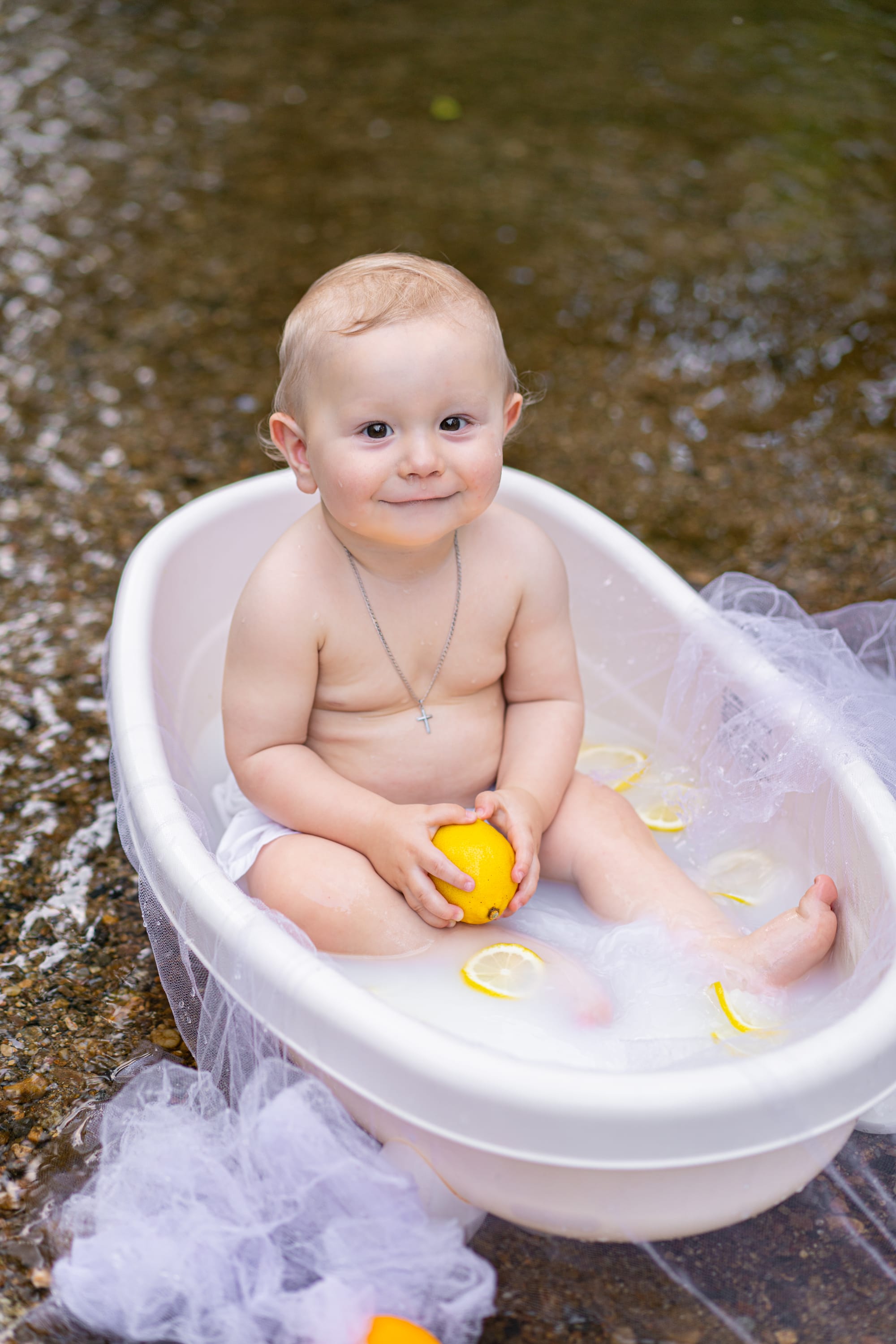 Photo shoots in a bath near the river