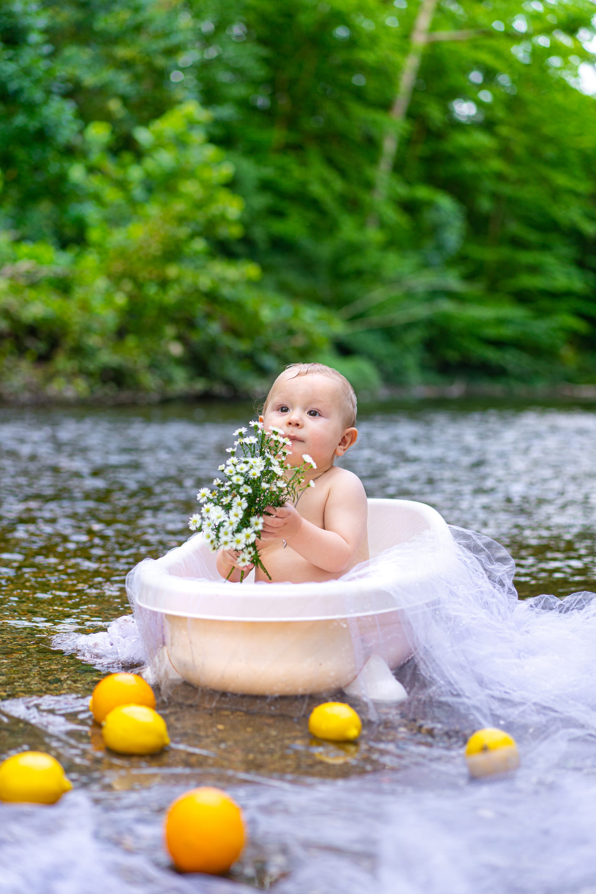 Photo shoots in a bath near the river
