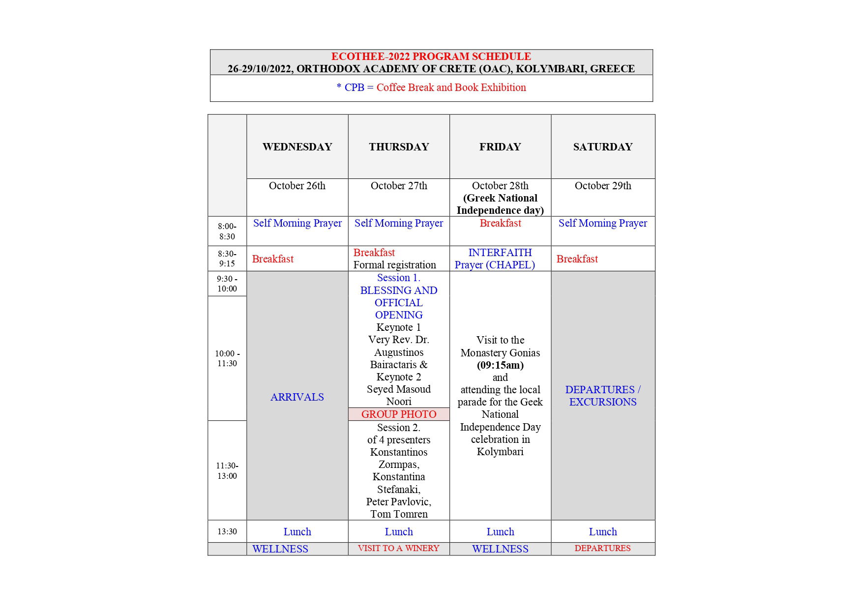 ECOTHEE- 22 DAILY PROGRAMME SCHEDULE