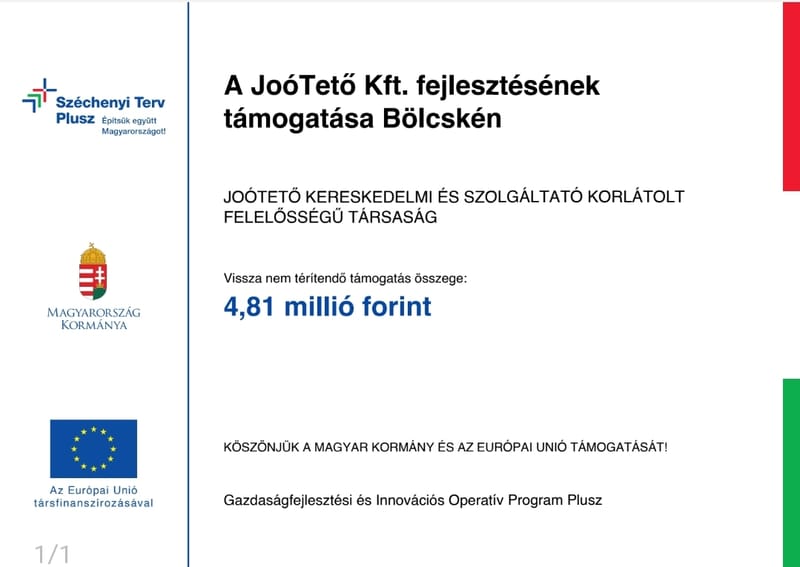 A kedvezményezett neve: JoóTető Kereskedelmi és Szolgáltató Korlátolt Felelősségű Társaság A projekt címe: A JoóTető Kft. fejlesztésének támogatása Bölcskén