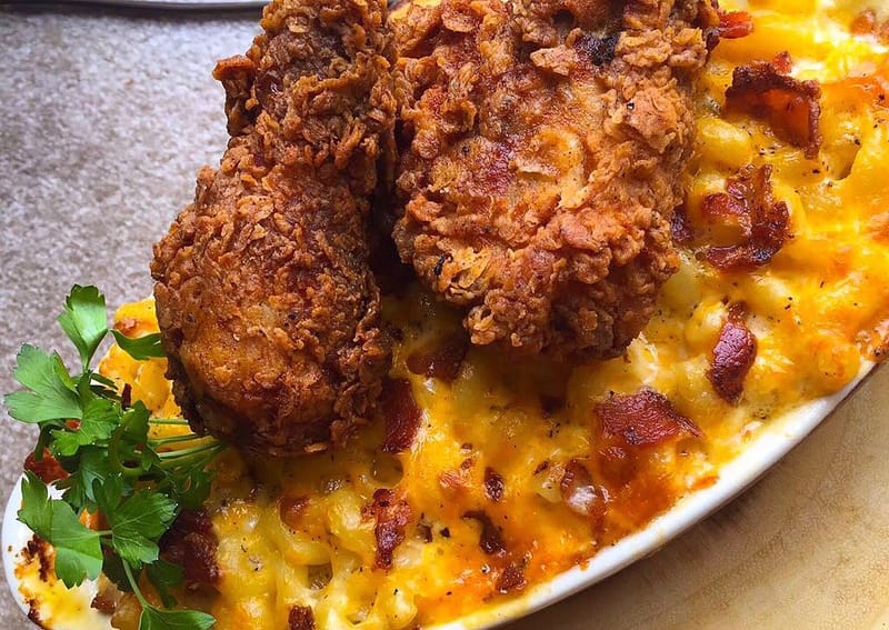 Smoked Cheddar Mac and cheese and Fried Chicken