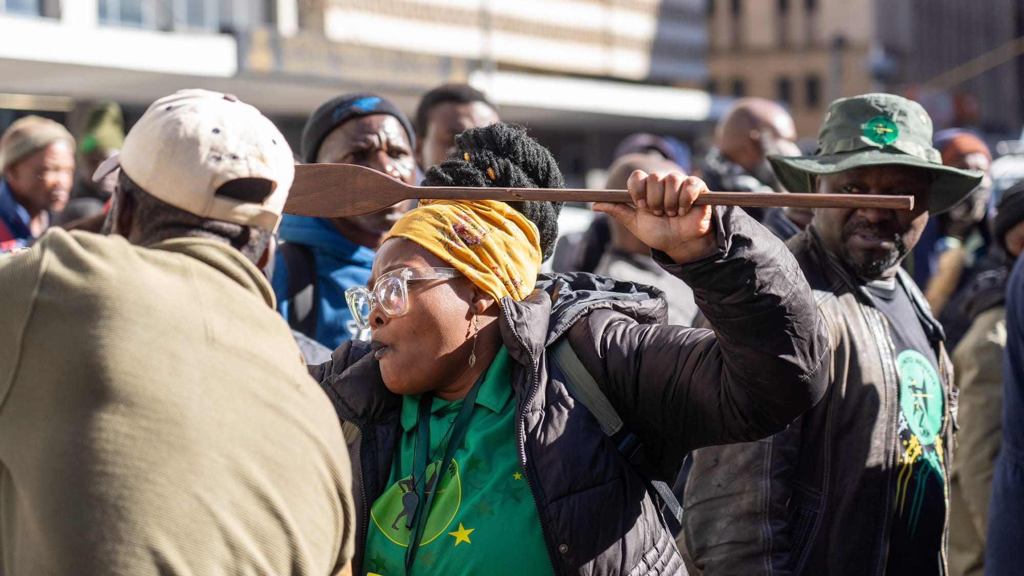 Gwaza Mkhonto- An MKparty member holding a spear.