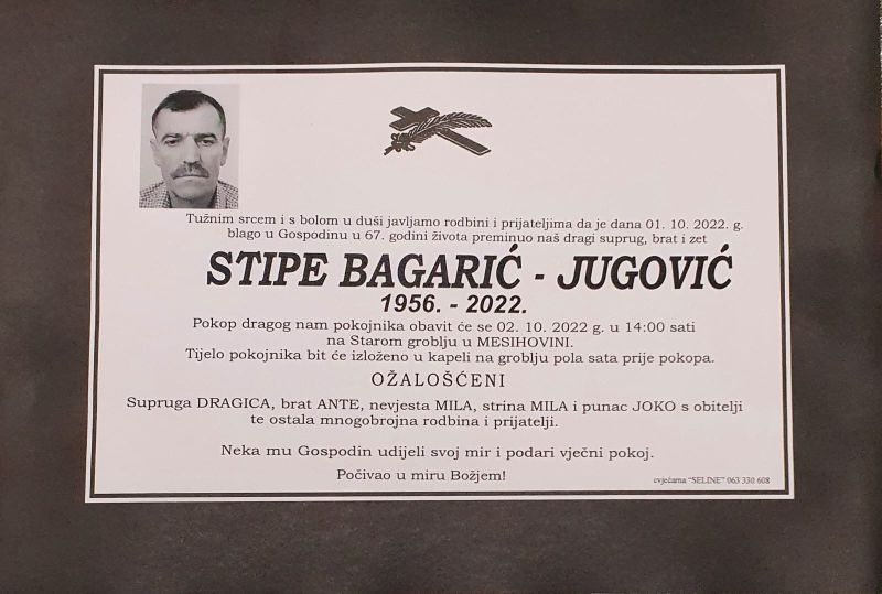Obavijest o smrti: Stipe Bagarić - Jugović