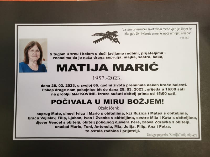 Preminula Matija Marić (rođena Bagarić-Glizić)