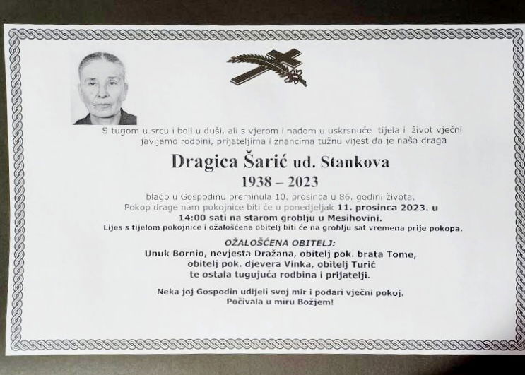 Umrla Dragica Šarić (udova Stanka)