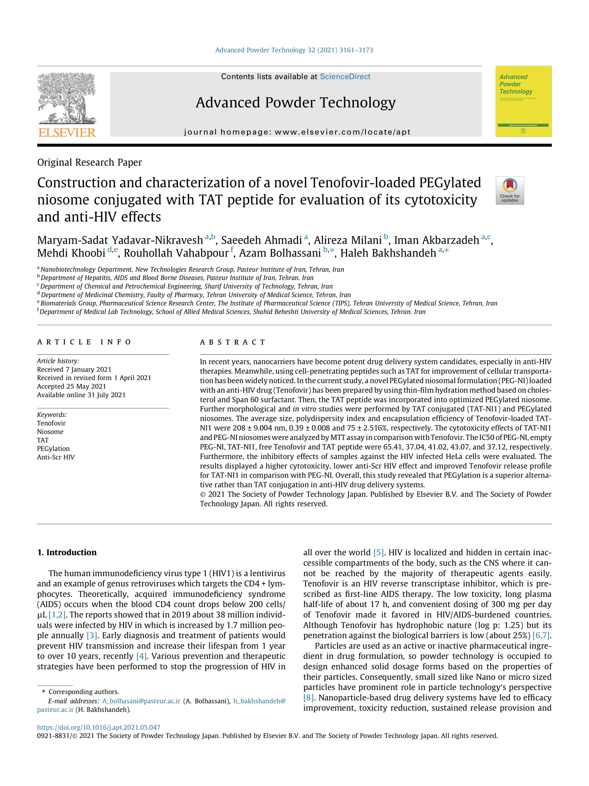 Construction and characterization of a novel Tenofovir-loaded PEGylated niosome conjugated with TAT peptide for evaluation of its cytotoxicity and anti-HIV effects