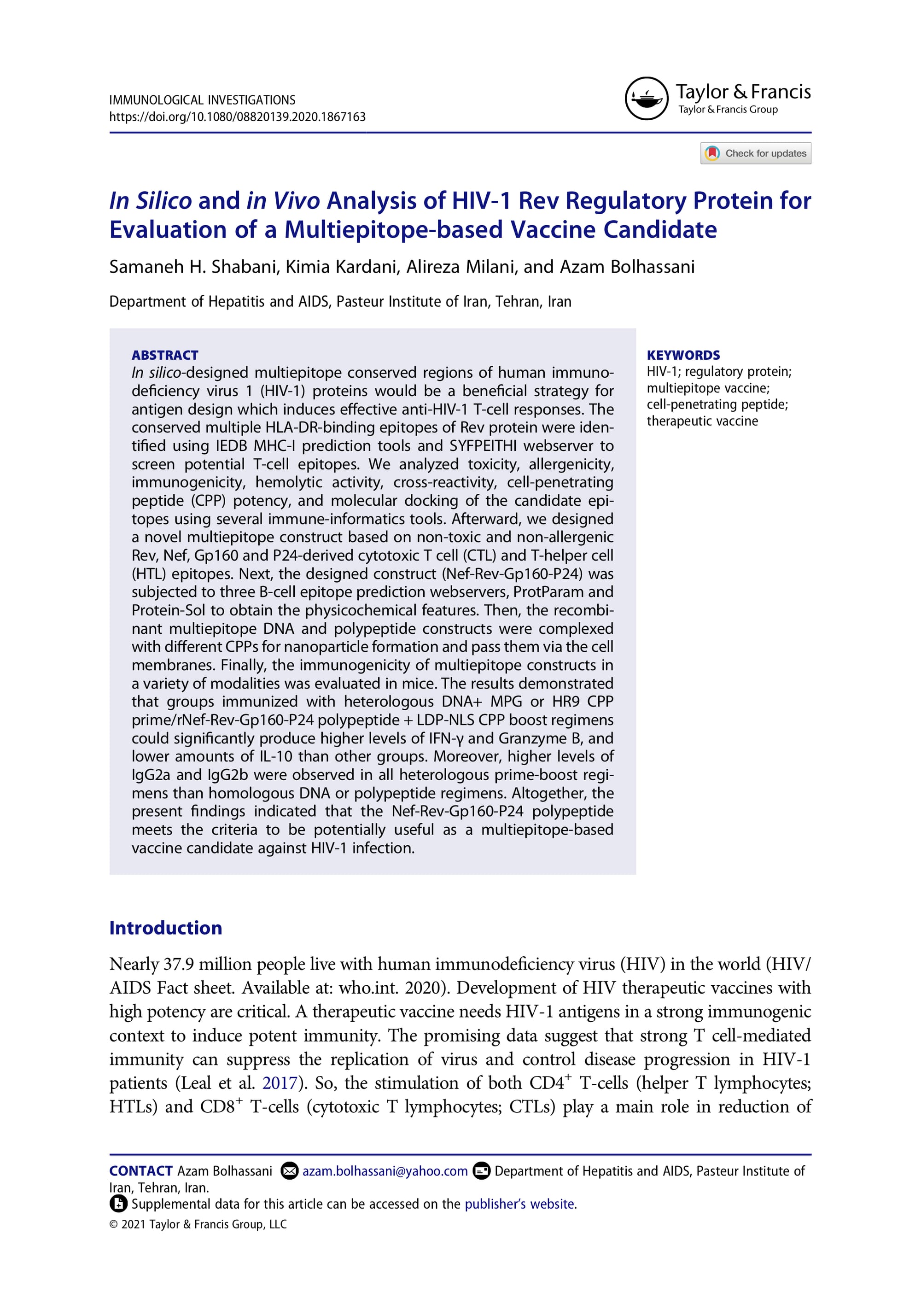 In Silico and in Vivo Analysis of HIV-1 Rev Regulatory Protein for Evaluation of a Multiepitope-based Vaccine Candidate