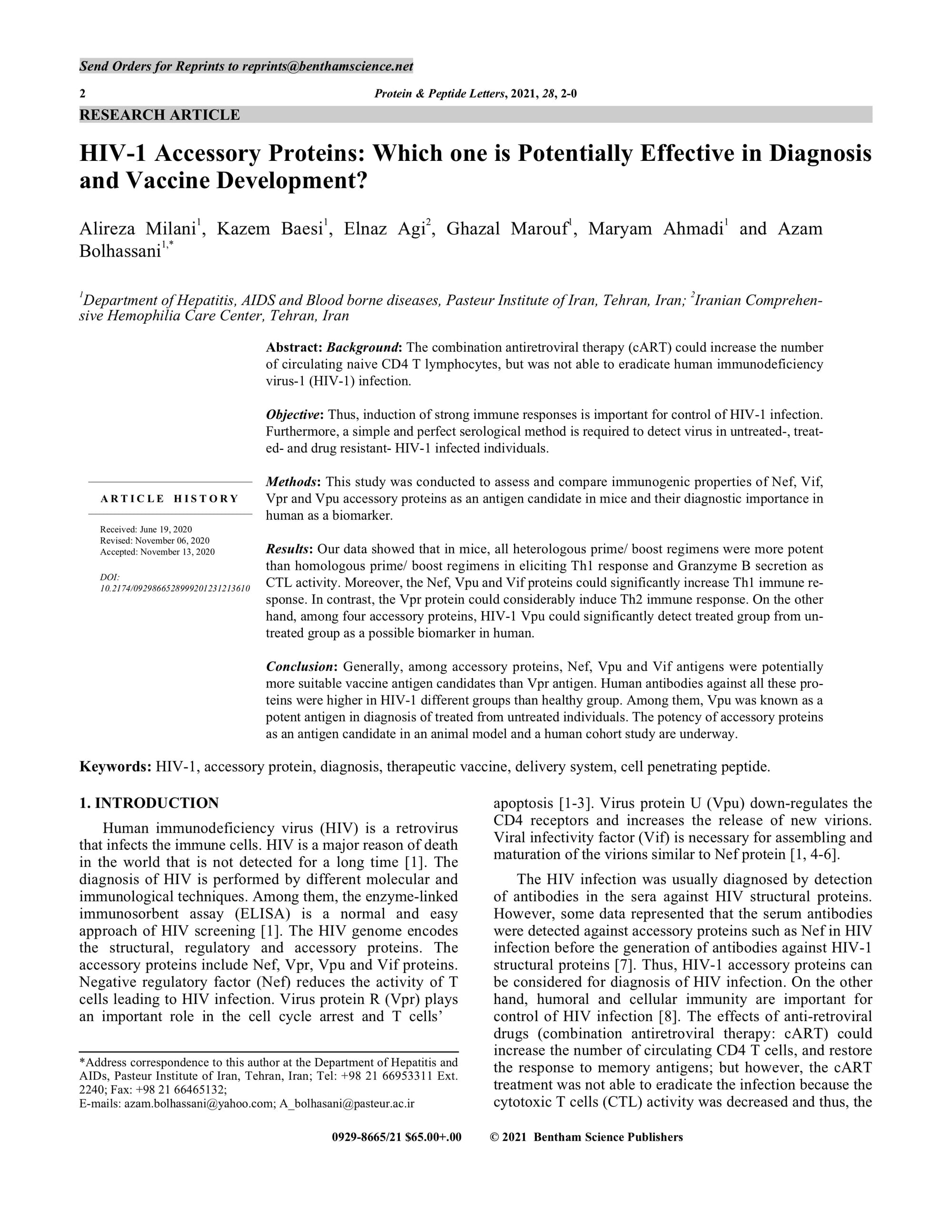 HIV-1 Accessory Proteins: Which one is Potentially Effective in Diagnosis and Vaccine Development?