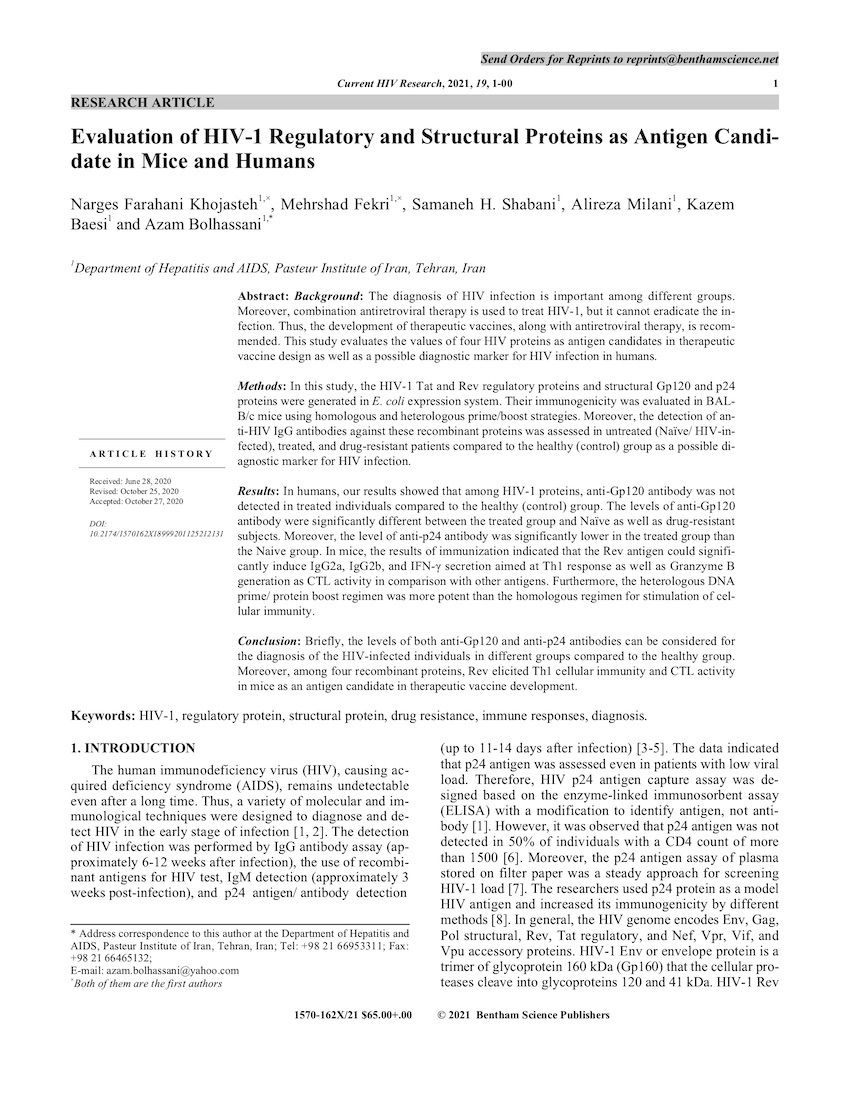 Evaluation of HIV-1 Regulatory and Structural Proteins as Antigen Candidate in Mouse and Human