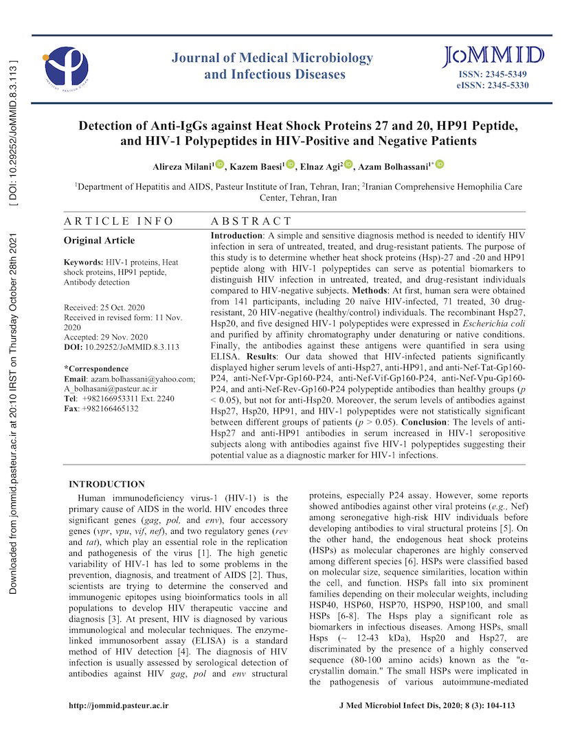 Detection of Anti-IgGs against Heat Shock Proteins 27 and 20, HP91 Peptide, and HIV-1 Polypeptides in HIV-Positive and Negative Patients