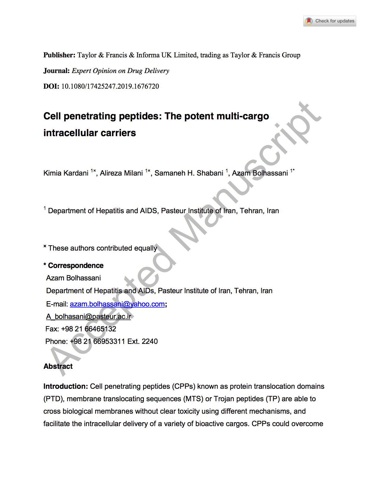 Cell penetrating peptides: the potent multi-cargo intracellular carriers