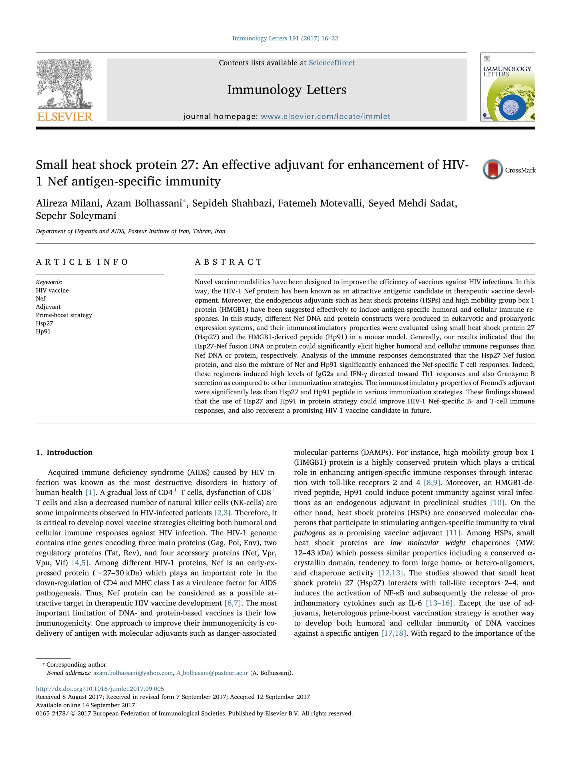 Small heat shock protein 27: An effective adjuvant for enhancement of HIV-1 Nef antigen-specific immunity