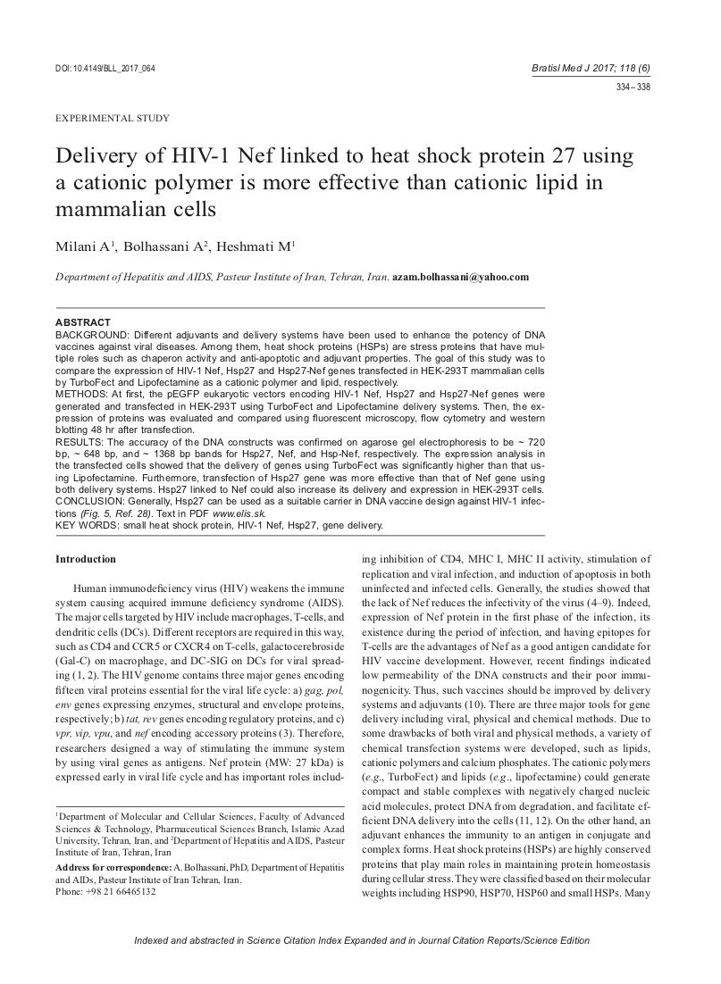 Delivery of HIV-1 Nef linked to heat shock protein 27 using a cationic polymer is more effective than cationic lipid in mammalian cells