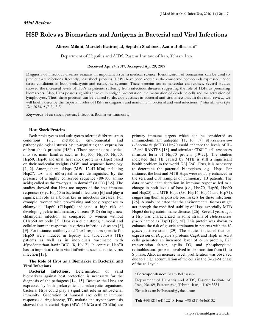 HSP Roles as Biomarkers and Antigens in Bacterial and Viral Infections