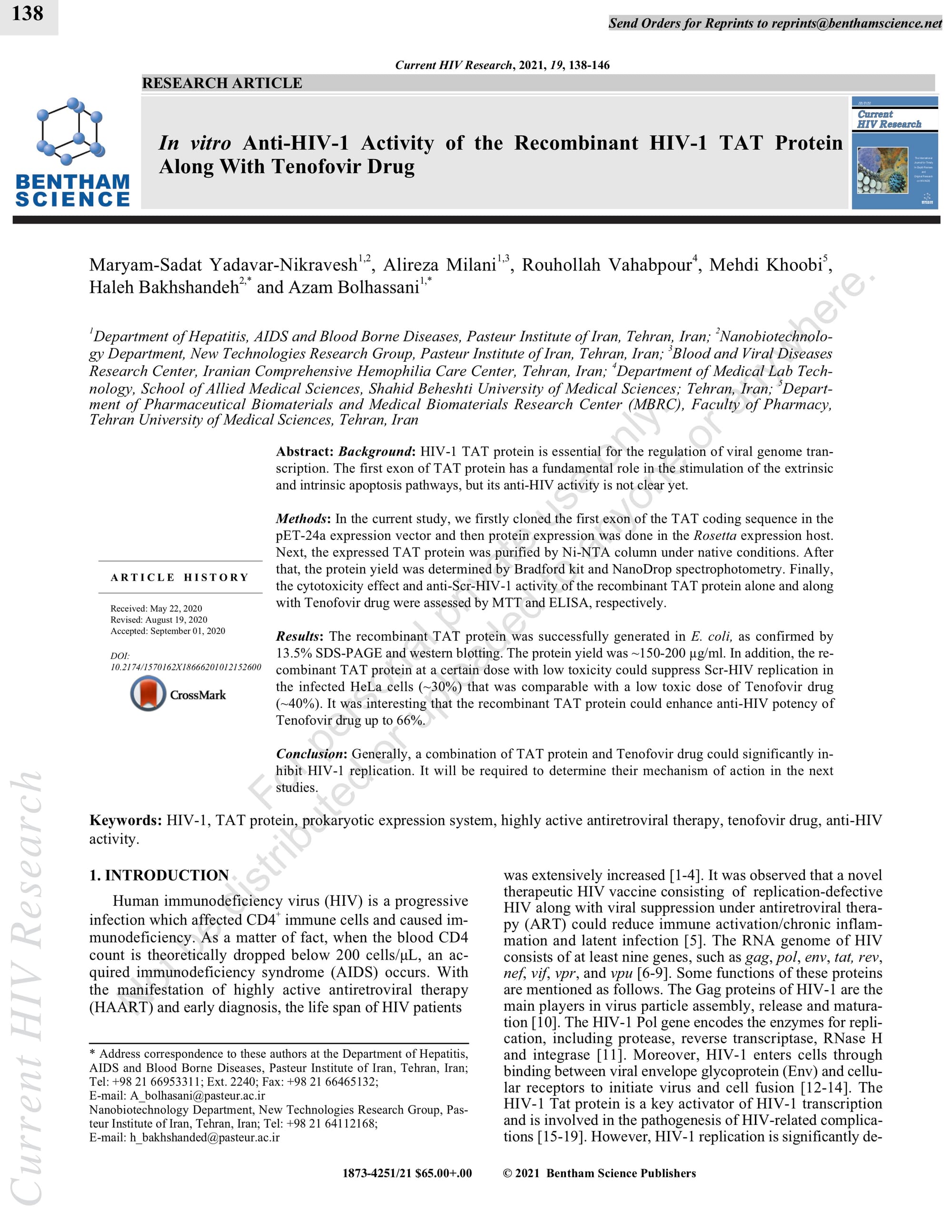 In vitro anti-HIV-1 activity of the recombinant HIV-1 TAT protein along with Tenofovir drug