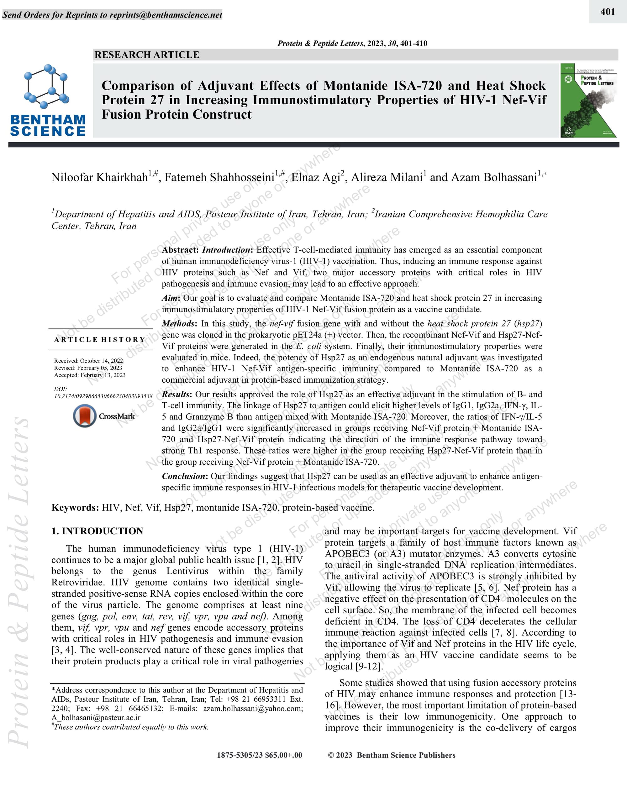 Comparison of adjuvant effects of Montanide ISA-720 and heat shock protein 27 in increasing immunostimulatory properties of HIV-1 Nef-Vif fusion protein construct