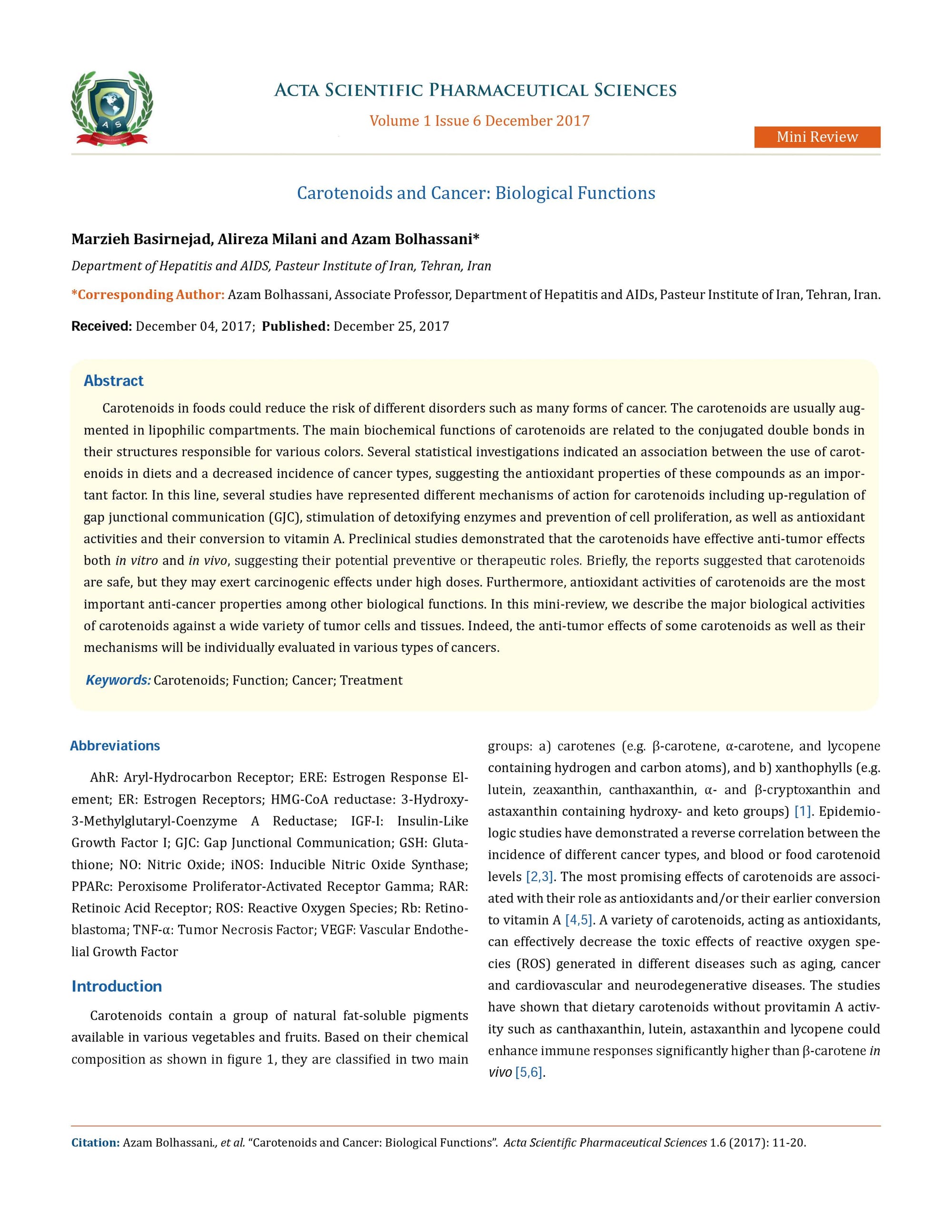 Carotenoids and cancer: biological functions