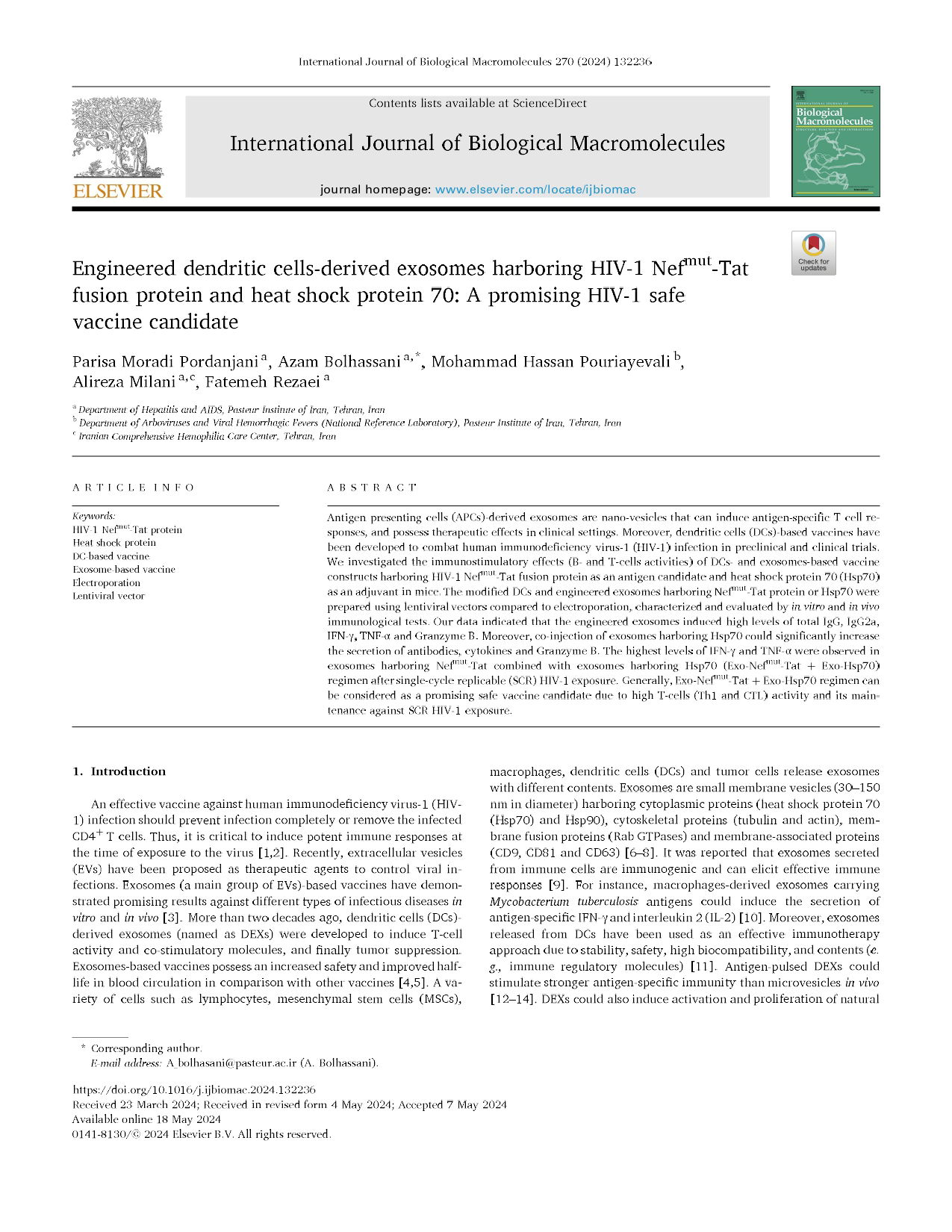 Engineered dendritic cells-derived exosomes harboring HIV-1 Nefmut-Tat fusion protein and heat shock protein 70: A promising HIV-1 safe vaccine candidate