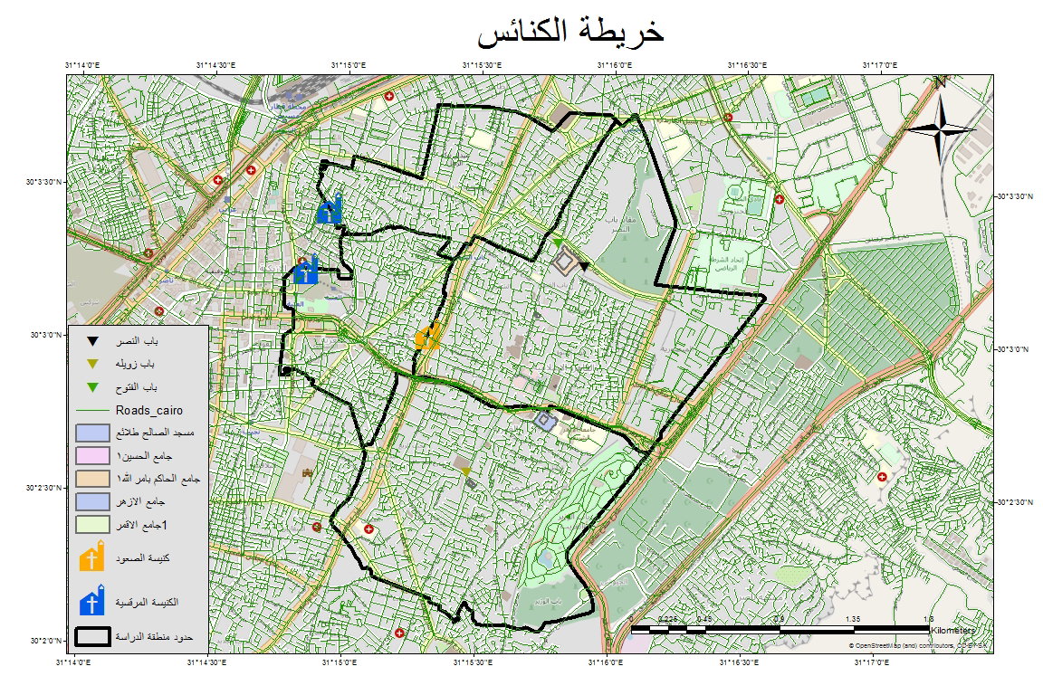 خريطة توزيعات الكنائس بمنطقة الدراسة (القاهرة الفاطمية)