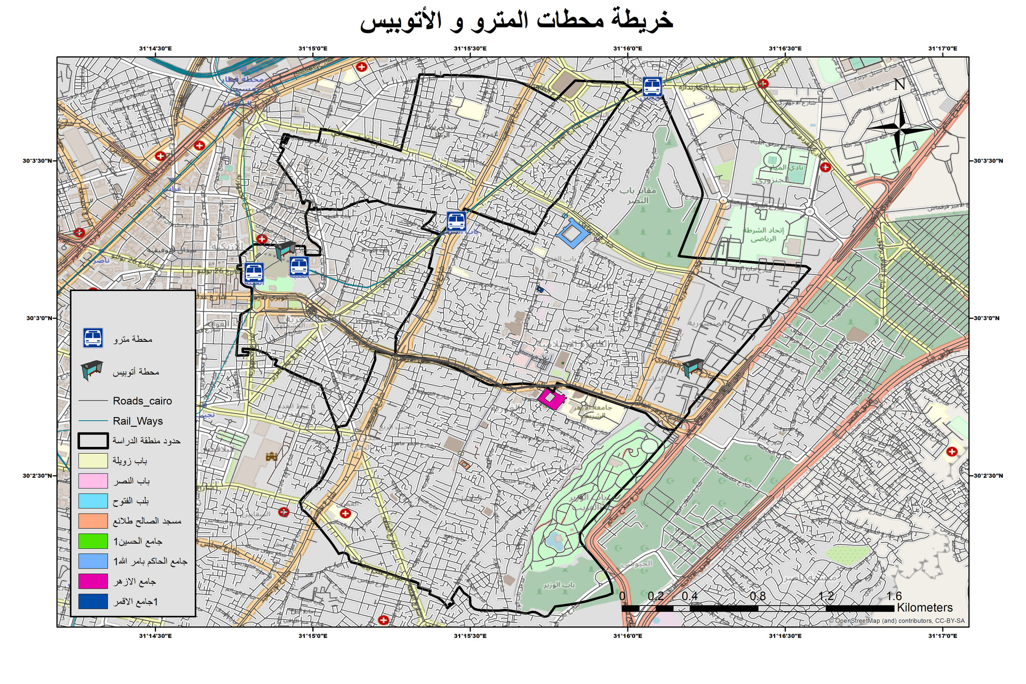 خريطة توزيعات محطات المترو و الأتوبيس بمنطقة الدراسة (القاهرة الفاطمية)