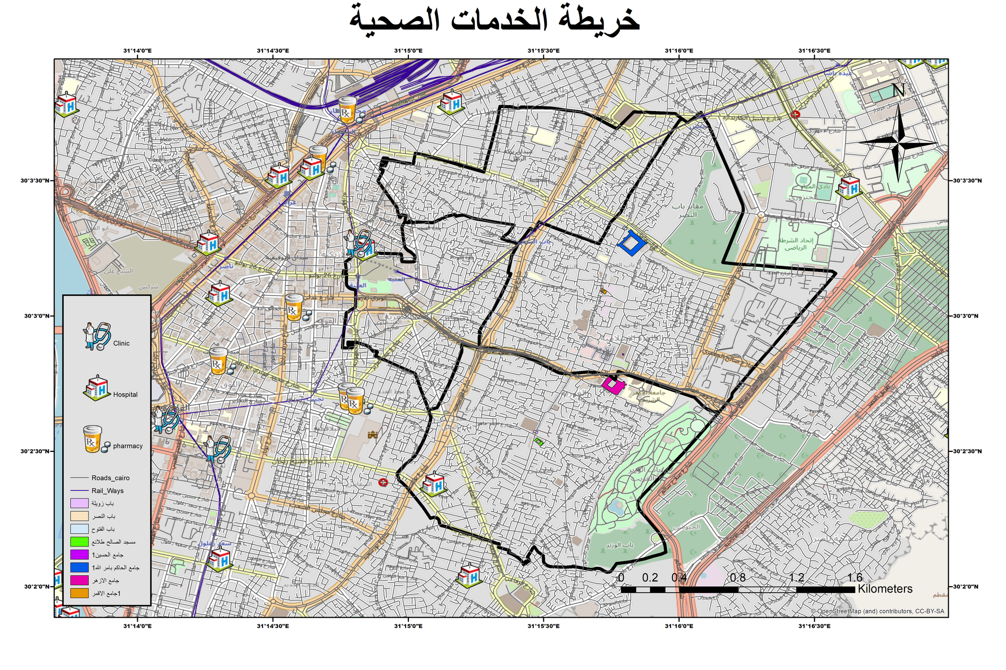 خريطة توزيعات الخدمات الصحية بمنطقة الدراسة (القاهرة الفاطمية)