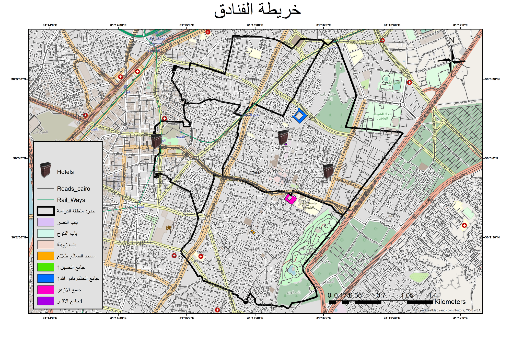 خريطة توزيعات الفنادق بمنطقة الدراسة (القاهرة الفاطمية)