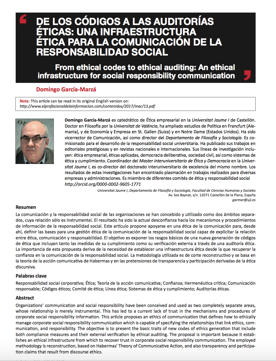 De los códigos éticos a las auditorías éticas: una infraestructura ética para la comunicación de la responsabilidad social