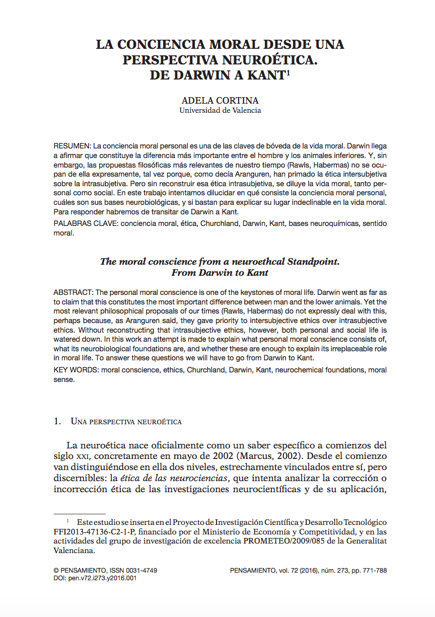 La conciencia moral desde una perspectiva neuroética. De Darwin a Kant