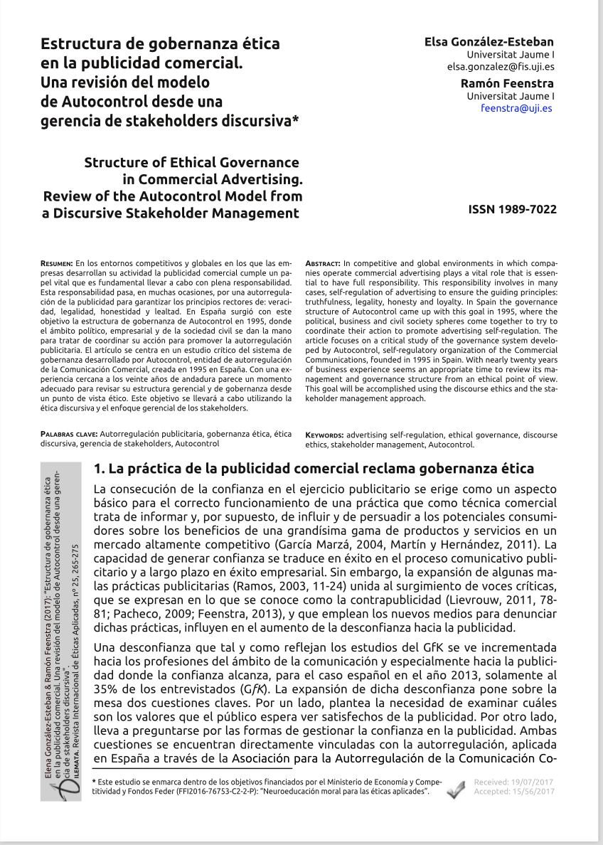 Estructura de gobernanza ética en la publicidad comercial. Una revisión del modelo de Autocontrol desde una gerencia de stakeholders discursiva