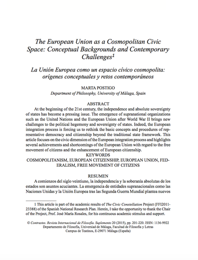 The European Union as a cosmopolitan civic space conceptual backgrounds and contemporary challenges