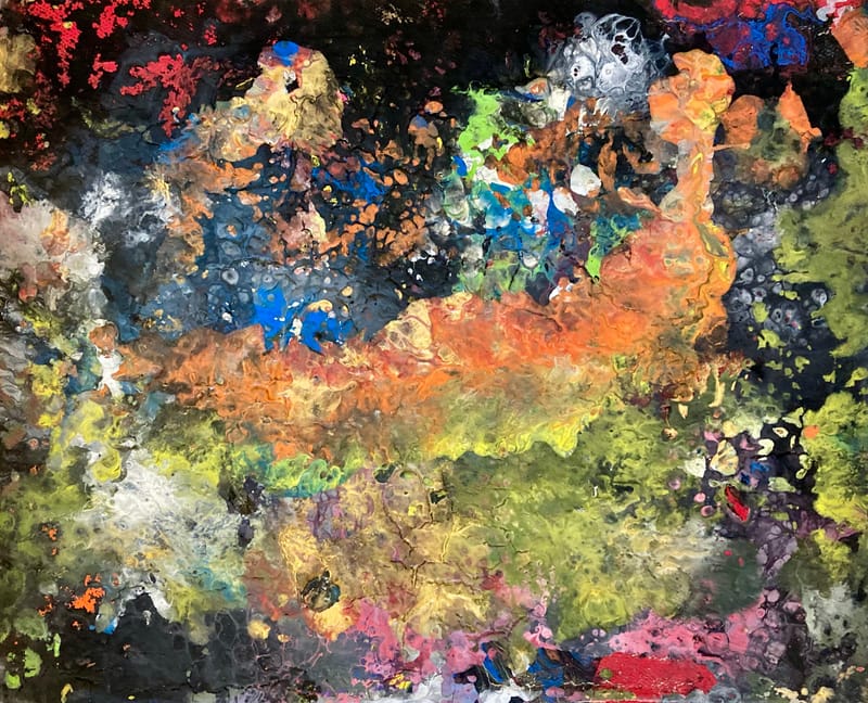 LEFT: Galactic (2021) Acrylic on canvas, 25.5 cm x 20 cm ~ CENTRE: Cells (2021) Acrylic On Canvas, 15 cm x 15 cm ~ RIGHT: Obliquity Of The Ecliptic (2021) Acrylic on canvas, 0.5 cm x 25 cm 