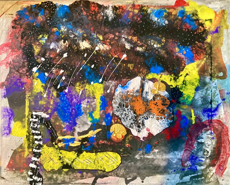 LEFT: Weather Report (2022) Acrylic on canvas, 50.5 cm x 40 cm ~ CENTRE: Untitled (2022) Acrylic on canvas, 50.5 cm x 40 cm ~ RIGHT: Untitled (2022) Acrylic on canvas, 50.5 cm x 40 cm