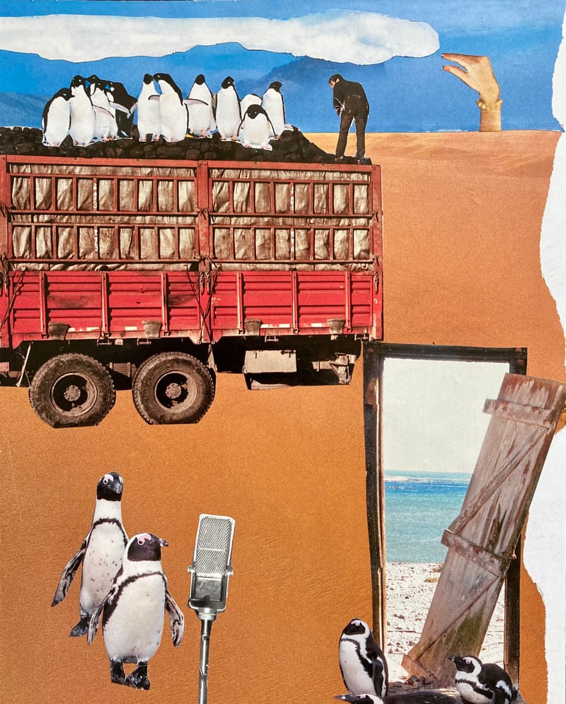 LEFT: March Of The Penguins/Exodus (2022) 20.5 cm x 25.5 cm ~ CENTRE: Taking Tiger Mountain (2022) 14 cm x 18 cm ~ RIGHT: The Great Pretender/All Clear (2022) 14 cm x 14 cm