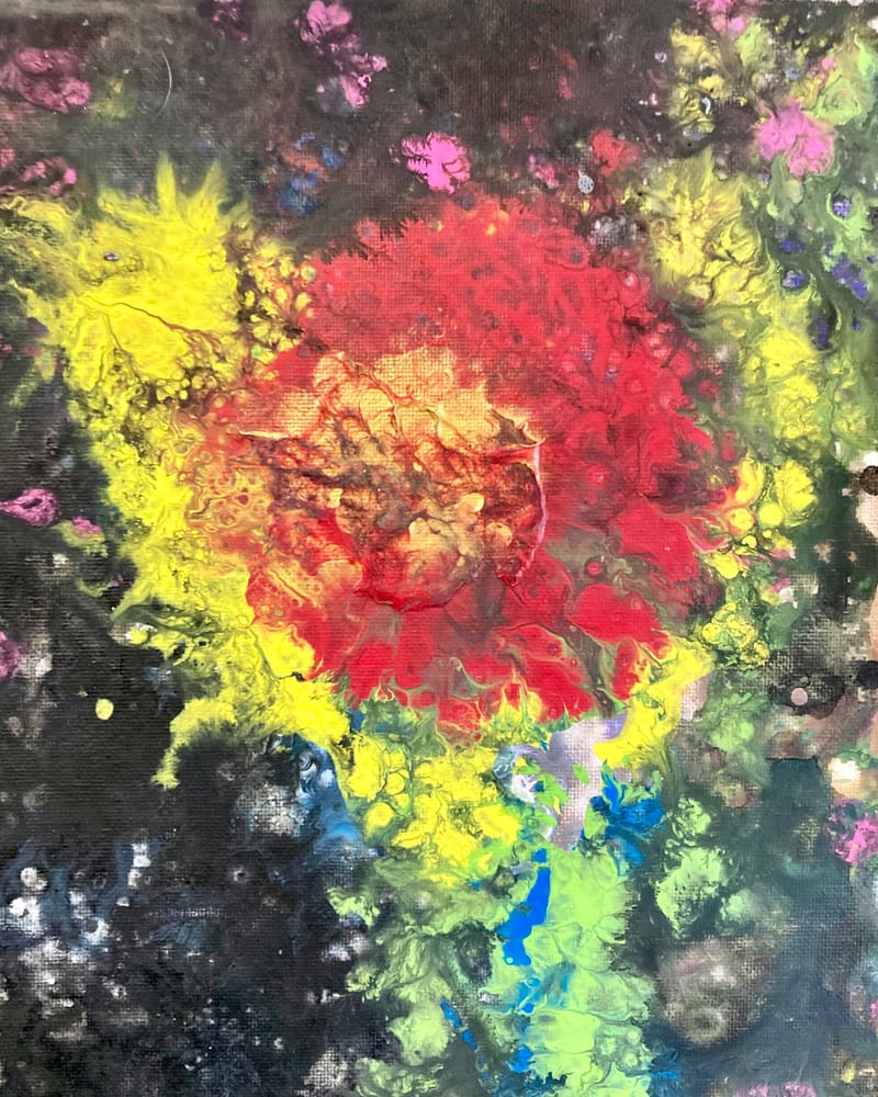 LEFT: Bouquet (2021) Acrylic on canvas, 30 cm x 30 cm ~ CENTRE: Fleur (2021) Acrylic on canvas, 25 cm x 35 cm ~ RIGHT: Five Flowers (2022) Acrylic on canvas, 30 cm x 30 cm ~ 