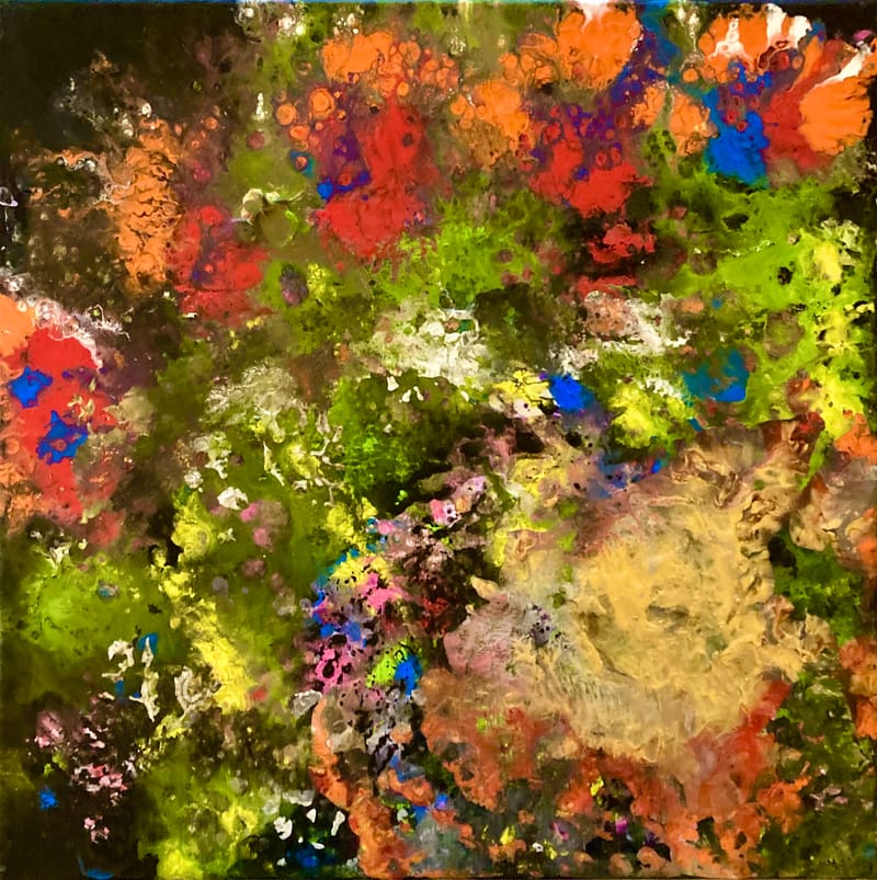 LEFT: Bouquet (2021) Acrylic on canvas, 30 cm x 30 cm ~ CENTRE: Fleur (2021) Acrylic on canvas, 25 cm x 35 cm ~ RIGHT: Five Flowers (2022) Acrylic on canvas, 30 cm x 30 cm ~ 