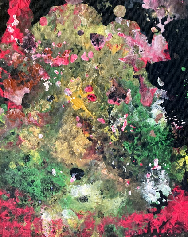 LEFT: Jardin (2022) Acrylic on canvas panel, 25.5 cm x 20.5 cm ~ CENTRE: Midnight In The Garden Of Good And Evil (2022) Acrylic on canvas panel, 20.5 cm x 25.5 cm ~ RIGHT: Night Flowers (2022) Acrylic on canvas panel, 25.5 cm x 20.5 cm