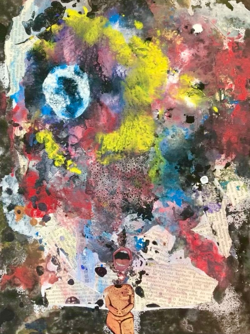 LEFT: A Man For All Seasons (2022) Acrylic on canvas, newsprint  & paper, 30.5 cm x 40.5 cm ~ CENTRE: Crypt Keeper (2021) Acrylic on canvas, 58.5 cm x 45.5 cm ~ Book Of The Dead (2022) Acrylic, gold leaf on canvas, 58 cm x 45 cm