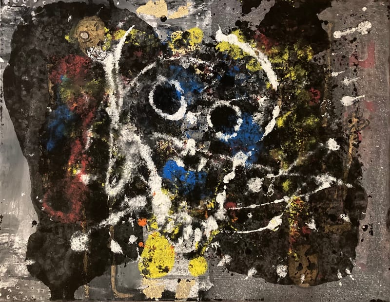 LEFT: A Man For All Seasons (2022) Acrylic on canvas, newsprint  & paper, 30.5 cm x 40.5 cm ~ CENTRE: Crypt Keeper (2021) Acrylic on canvas, 58.5 cm x 45.5 cm ~ Book Of The Dead (2022) Acrylic, gold leaf on canvas, 58 cm x 45 cm