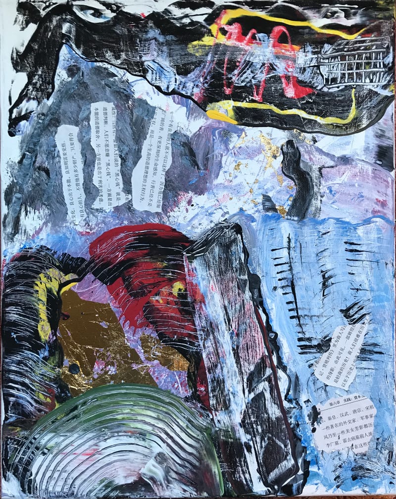 LEFT: Cities In Flight I (2021) Acrylic on canvas, & newsprint, 28 cm x 35 cm CENTRE: Islands In The Stream (2021) Acrylic on canvas, 28 cm x 35 cm ~ RIGHT: Cities In Flight II (2021) Acrylic on canvas, & newsprint, 28 cm x 35 cm