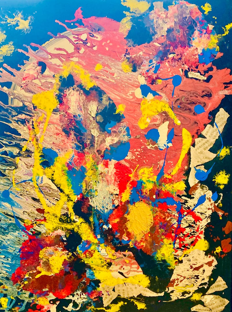 LEFT: Entropy In The Clown Nebula (2022) Acrylic on canvas, 50.5 cm x 61 cm ~ CENTRE: Clown Entropy (2022) Acrylic on canvas & newsprint, 45.5 cm x 60.5 cm ~ RIGHT: Entropy (2022) 45.5 cm x 60.5 cm