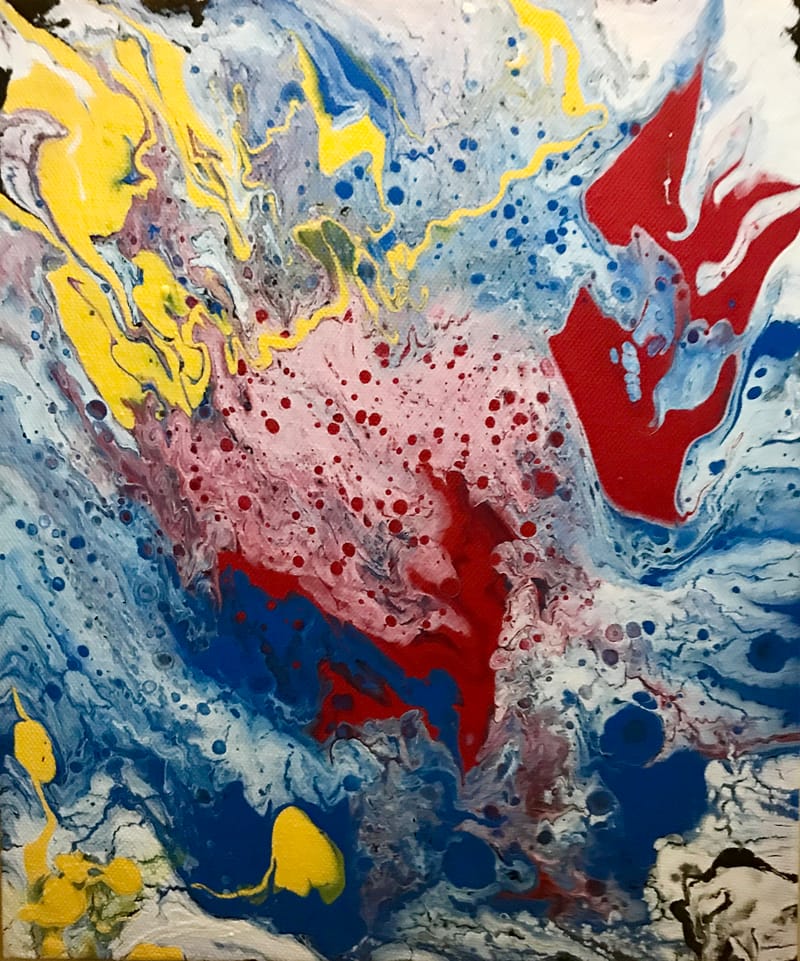 LEFT: Entropy In The Clown Nebula (2022) Acrylic on canvas, 50.5 cm x 61 cm ~ CENTRE: Clown Entropy (2022) Acrylic on canvas & newsprint, 45.5 cm x 60.5 cm ~ RIGHT: Entropy (2022) 45.5 cm x 60.5 cm