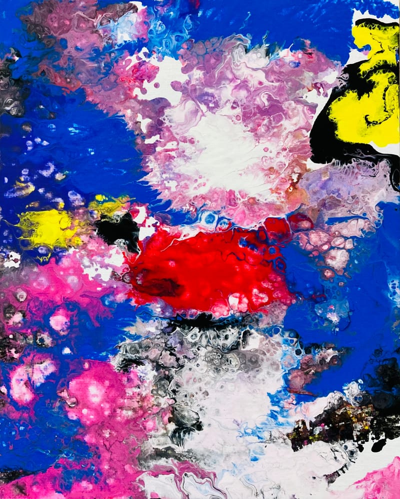 LEFT: Map Of Storms (2021) Acrylic on canvas panel, 20 cm x 25 cm ~ CENTRE: Cells Within Cells Interlinked (2021) Acrylic on canvas panel, 20 cm x 25 cm ~ RIGHT: Cells (2021) Acrylic on canvas panel, 20 cm x 25 cm 