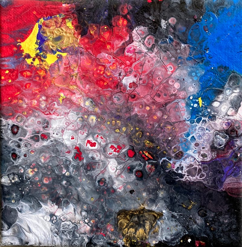 LEFT: Galactic (2021) Acrylic on canvas, 25.5 cm x 20 cm ~ CENTRE: Cells (2021) Acrylic On Canvas, 15 cm x 15 cm ~ RIGHT: Obliquity Of The Ecliptic (2021) Acrylic on canvas, 0.5 cm x 25 cm 